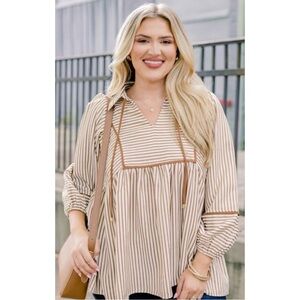 🆕 Chic Soul Camel Striped Babydoll Top